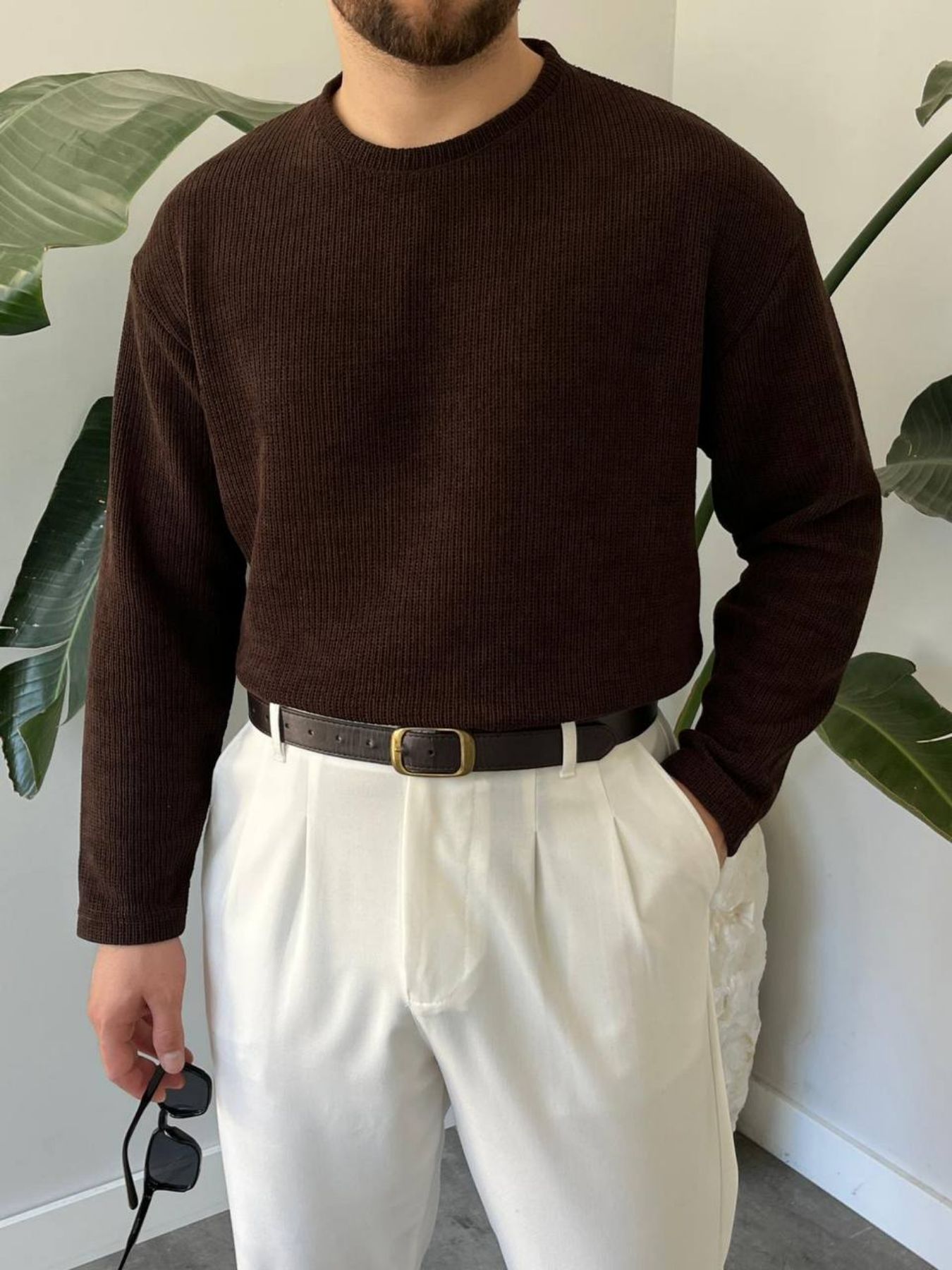 BayAygun 5114 Oversize Bisiklet Yaka Şonil Triko Kazak_Kahve resmi