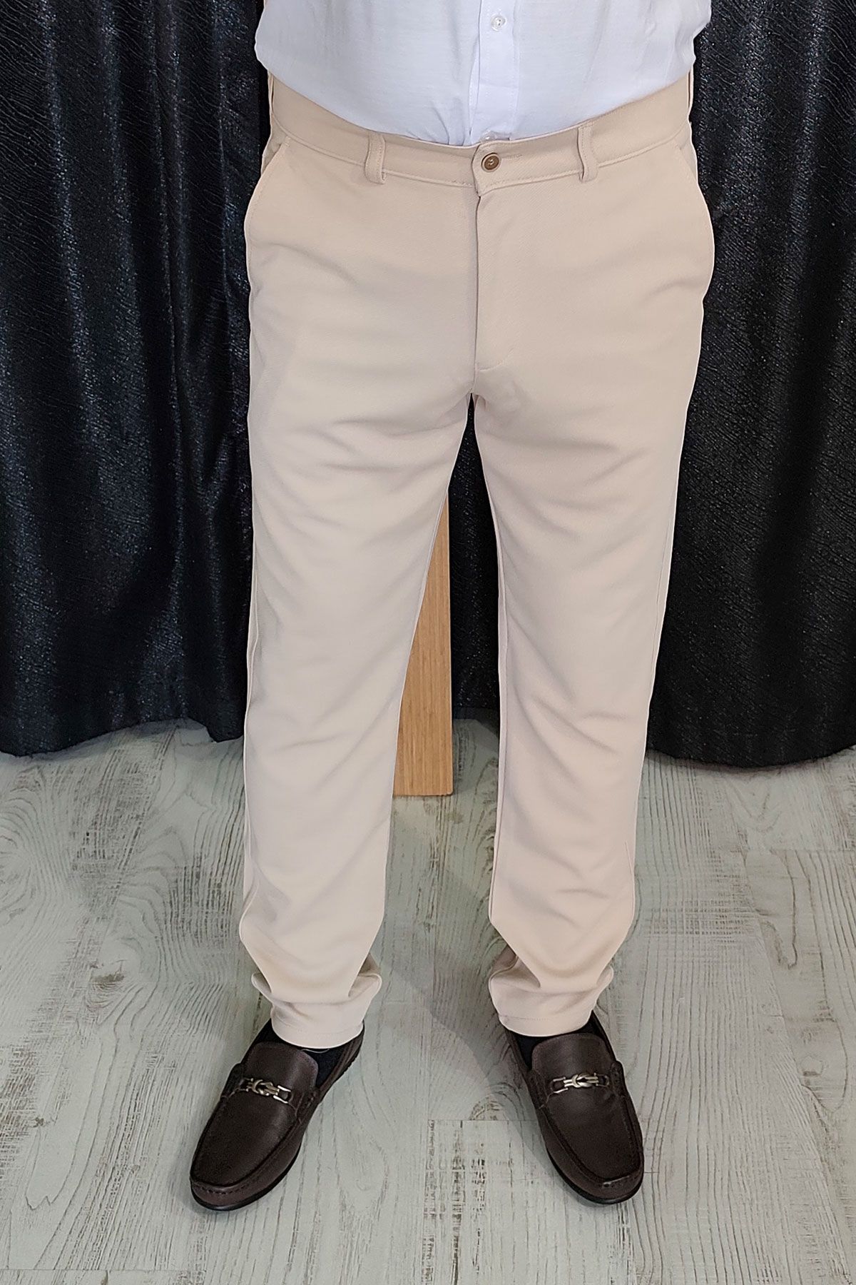 BayAygun 0510 Nokta Desenli Dar Kesim Pantolon _Açık Bej resmi