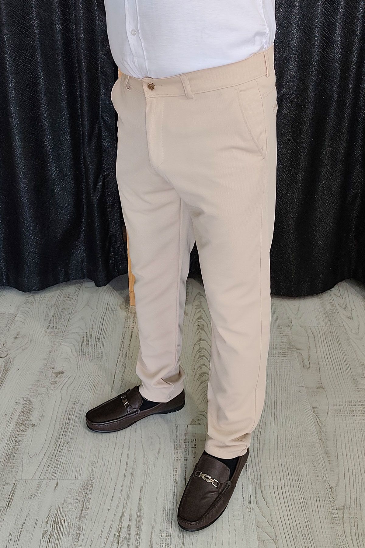 BayAygun 0510 Nokta Desenli Dar Kesim Pantolon _Açık Bej resmi