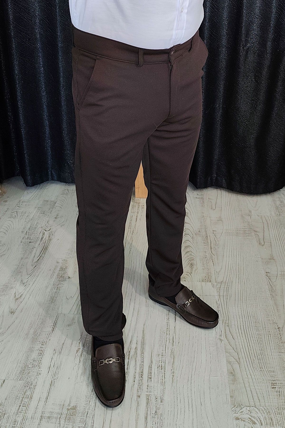 BayAygun 0510 Nokta Desenli Dar Kesim Pantolon _Koyu Kahve resmi