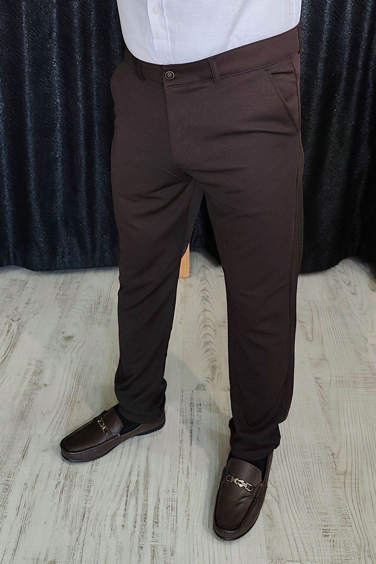 BayAygun 0510 Nokta Desenli Dar Kesim Pantolon _Koyu Kahve resmi