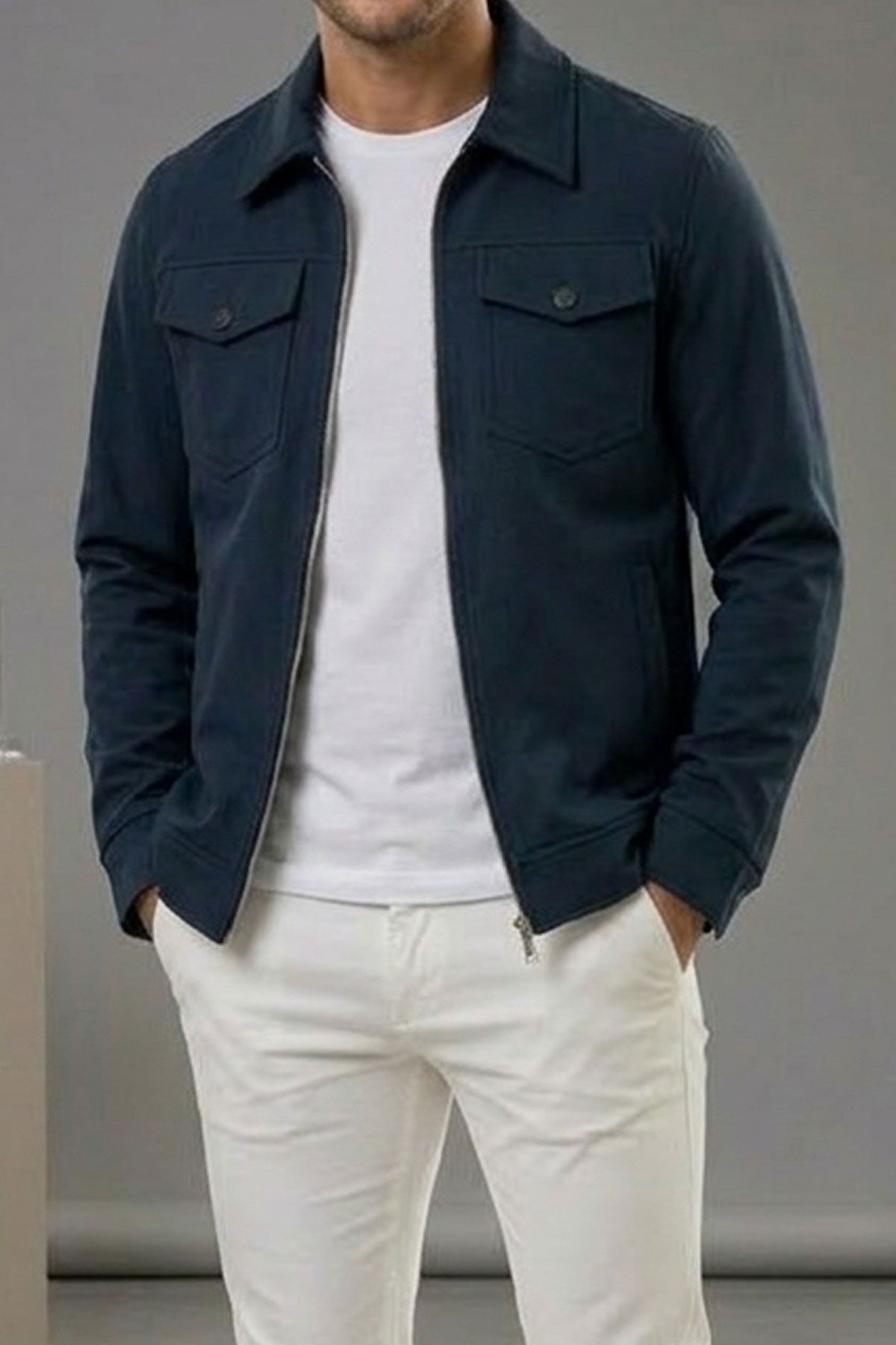 BayAygun 6019 Gabardin Yakalı Cepli Ceket _Lacivert resmi