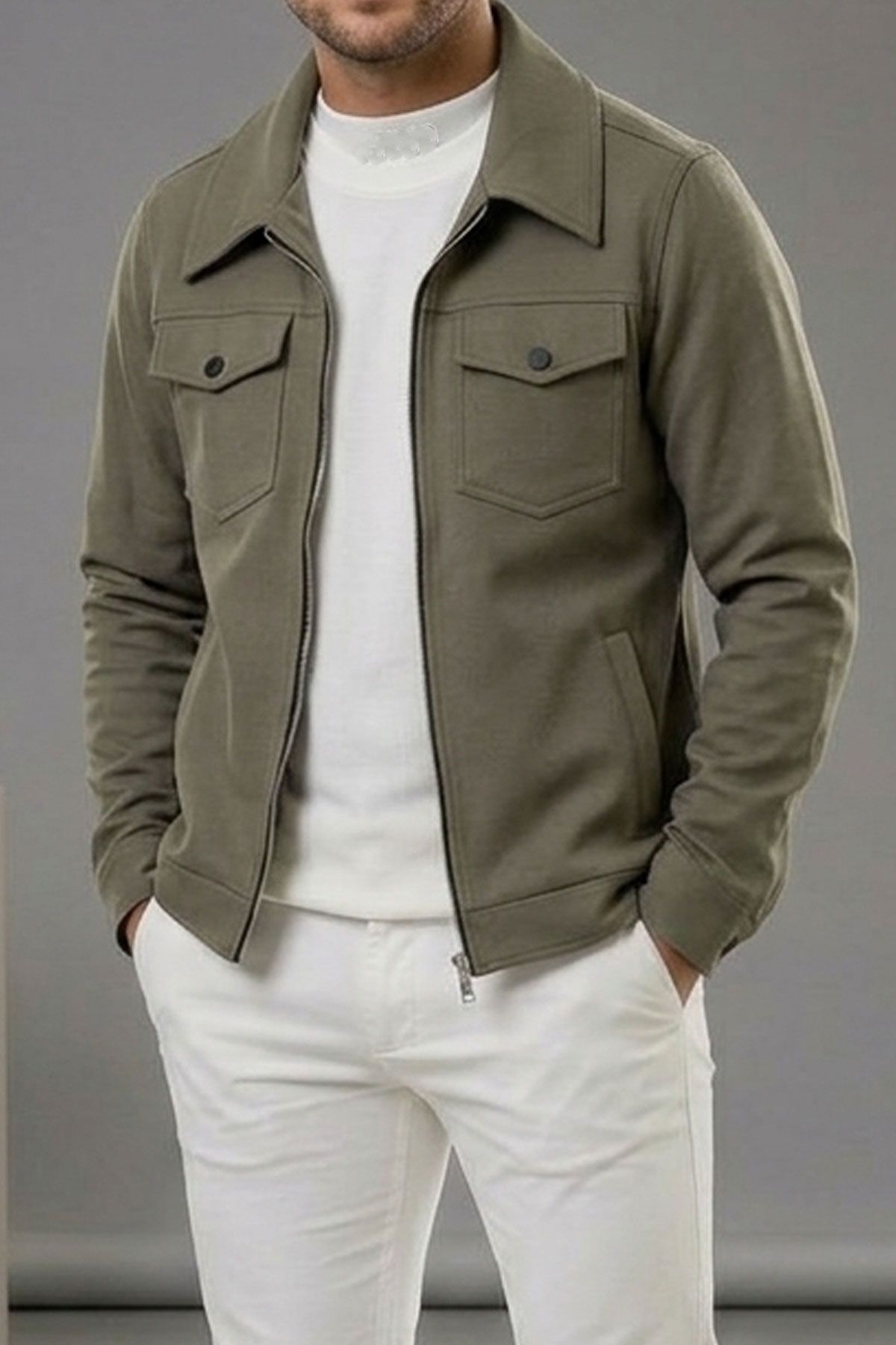 BayAygun 6019 Gabardin Yakalı Cepli Ceket _Haki resmi