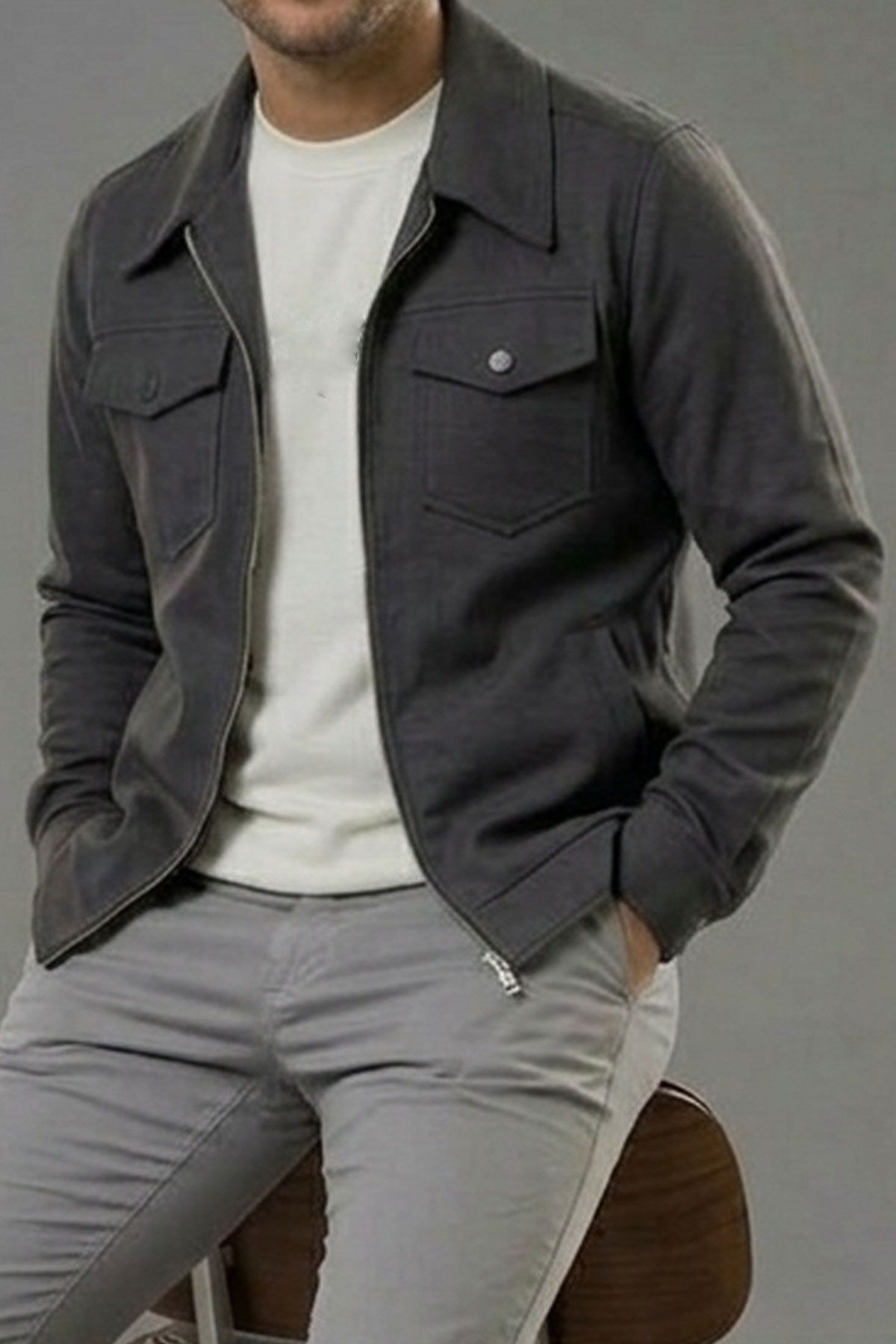 BayAygun 6019 Gabardin Yakalı Cepli Ceket _Füme resmi